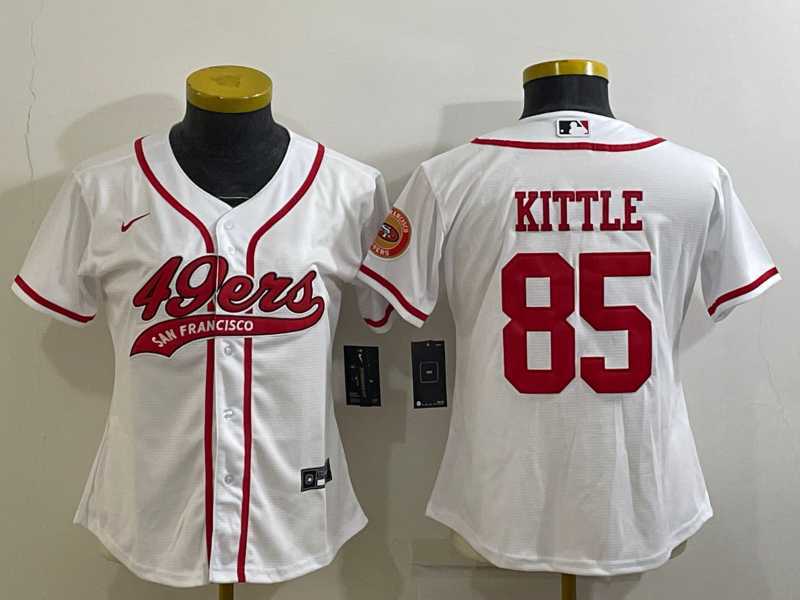 Womens San Francisco 49ers #85 George Kittle White With Patch Cool Base Stitched Baseball Jersey